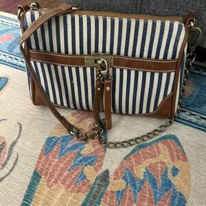Nila Anthony 5 Pocket Crossbody Purse-Blue & White Canvas W/ Faux Leather